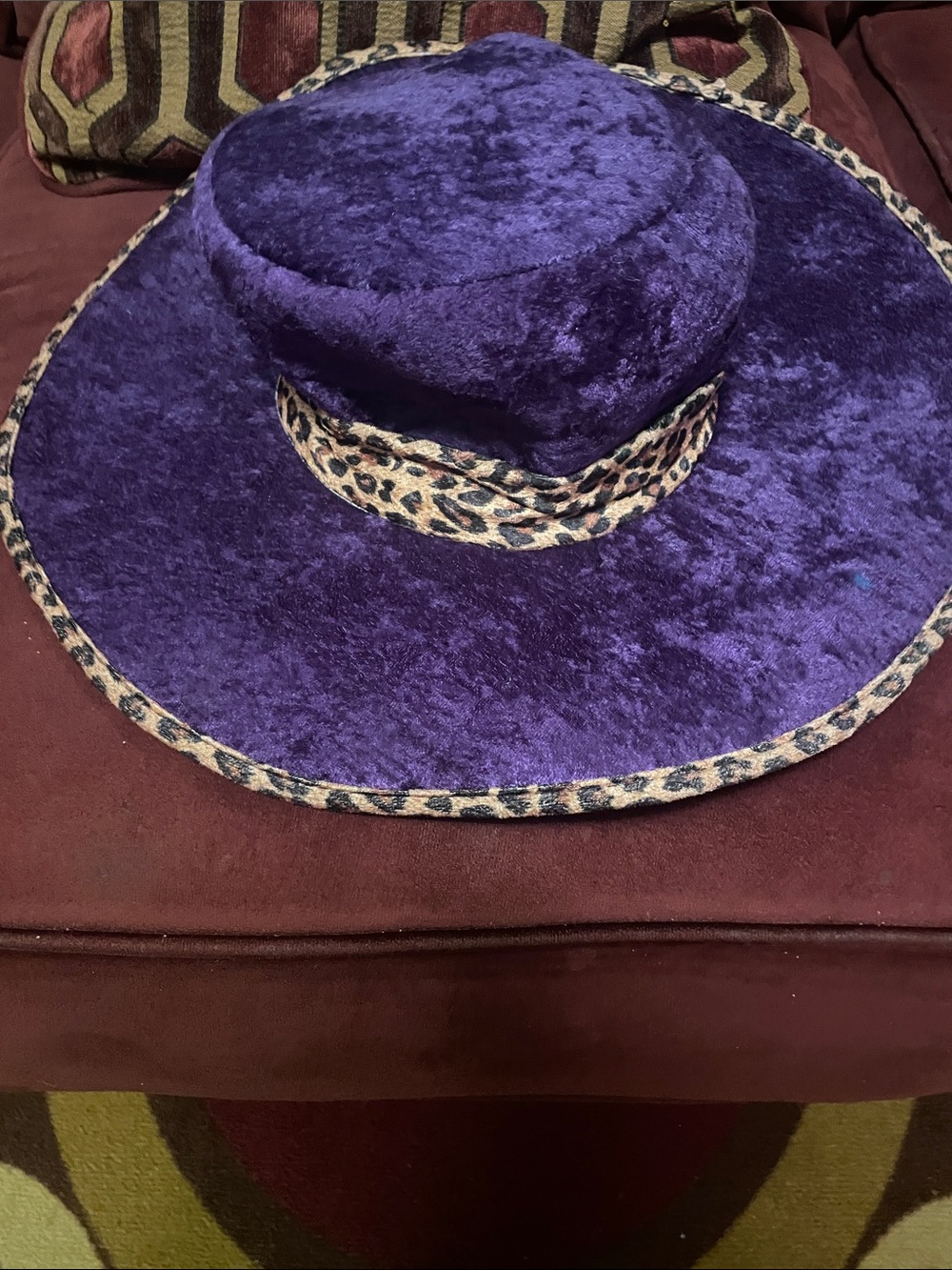 Plush Purple Wide-Brim Hat with Leopard Trim